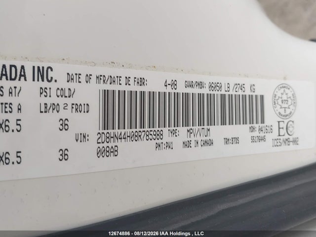 12674886 :رقم المزاد ، 2D8HN44H08R785988 vin ، 2008 Dodge Grand Caravan Se مزاد بيع