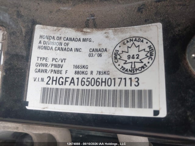 Продаж на аукціоні авто 2006 Honda Civic Lx, vin: 2HGFA16506H017113, номер лоту: 12674888
