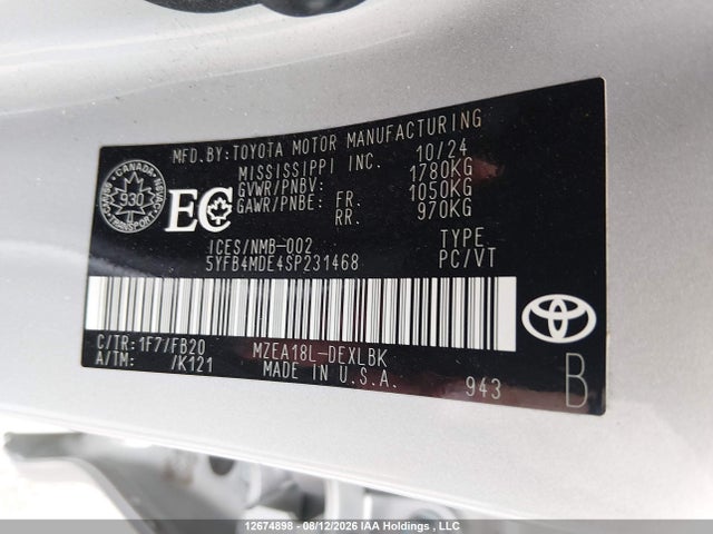 12674898 :رقم المزاد ، 5YFB4MDE4SP231468 vin ، 2025 Toyota Corolla Le مزاد بيع