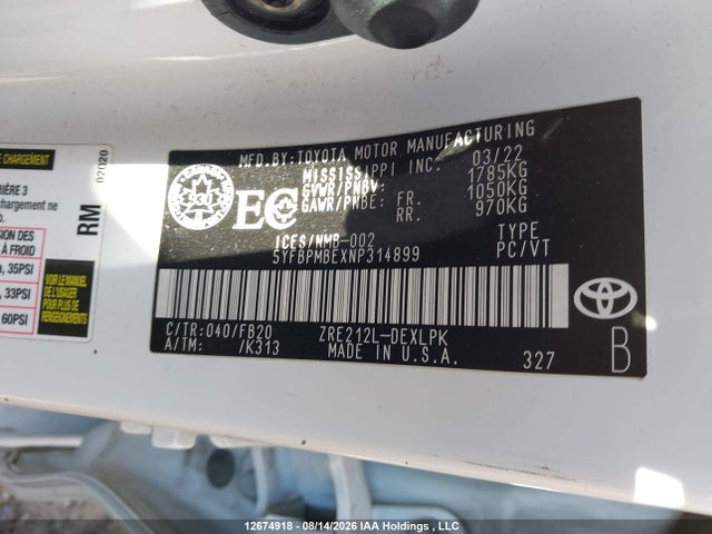 5YFBPMBEXNP314899 Toyota COROLLA LE