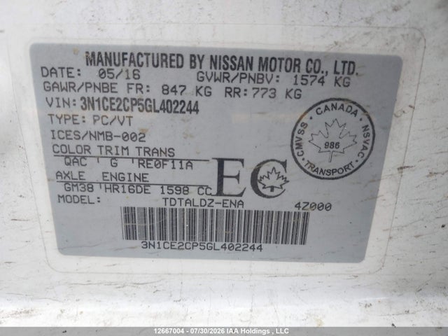 Продажа на аукционе авто 2016 Nissan Versa Note 1.6 S/1.6 Sl/1.6 Sr/1.6 Sv, vin: 3N1CE2CP5GL402244, номер лота: 12667004