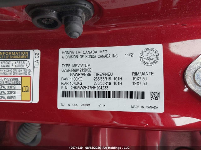 2022 Honda Cr-v Sport მანქანა იყიდება აუქციონზე, vin: 2HKRW2H47NH204233, აუქციონის ნომერი: 12674939