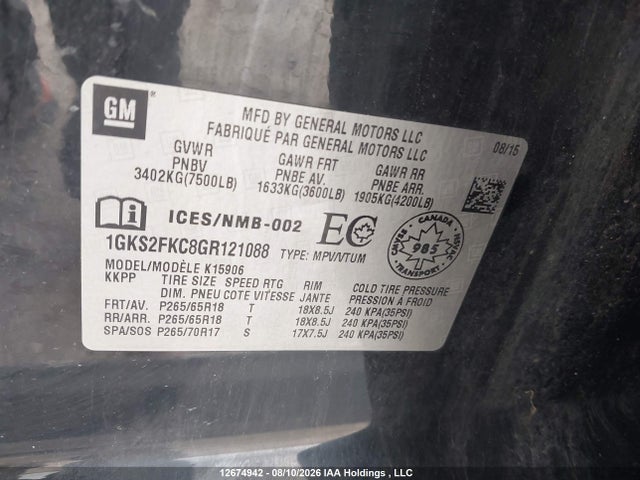 1GKS2FKC8GR121088 GMC Yukon Xl K1500 Sle