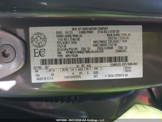 Продаж на аукціоні авто 2021 Ford Escape, vin: 1FMCU9BZ7MUA34335, номер лоту: 12674946