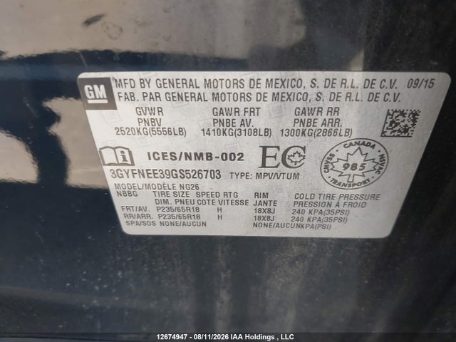 12674947 :رقم المزاد ، 3GYFNEE39GS526703 vin ، 2016 Cadillac Srx Luxury Collection مزاد بيع