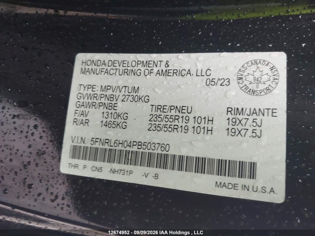 Honda Odyssey 2023 5FNRL6H04PB503760 Image 9