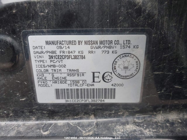 Nissan Versa Note S/s Plus/sv/sl/sr 2015 3N1CE2CP3FL382784 Image 9