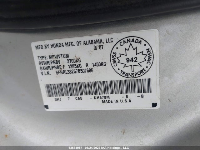 Продаж на аукціоні авто 2007 Honda Odyssey Lx, vin: 5FNRL38257B507686, номер лоту: 12674957