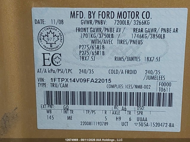 Продажа на аукционе авто 2009 Ford F150 Super Cab, vin: 1FTPX14V09FA22015, номер лота: 12674969