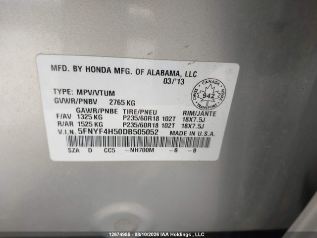 Продажа на аукционе авто 2013 Honda Pilot Exl, vin: 5FNYF4H50DB505052, номер лота: 12674985