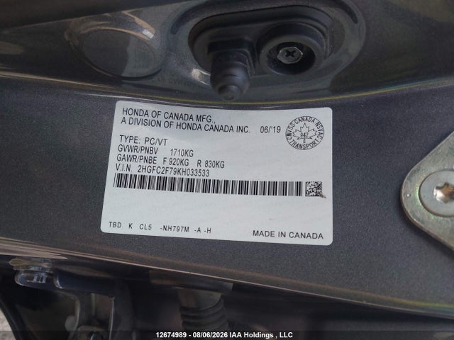 2019 Honda Civic Ex მანქანა იყიდება აუქციონზე, vin: 2HGFC2F79KH033533, აუქციონის ნომერი: 12674989