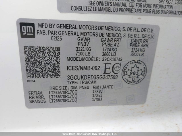 3GCUKDED3SG247509 Chevrolet Silverado K1500 Lt