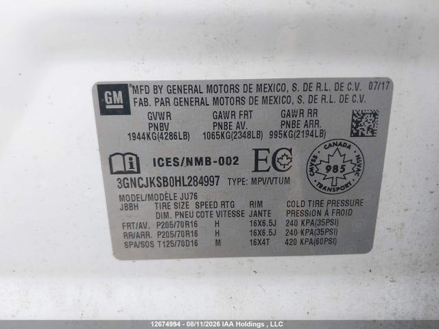 Chevrolet TRAX LS 2017 3GNCJKSB0HL284997 Image 9