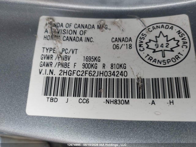 Honda Civic Lx 2018 2HGFC2F62JH034240 Image 9