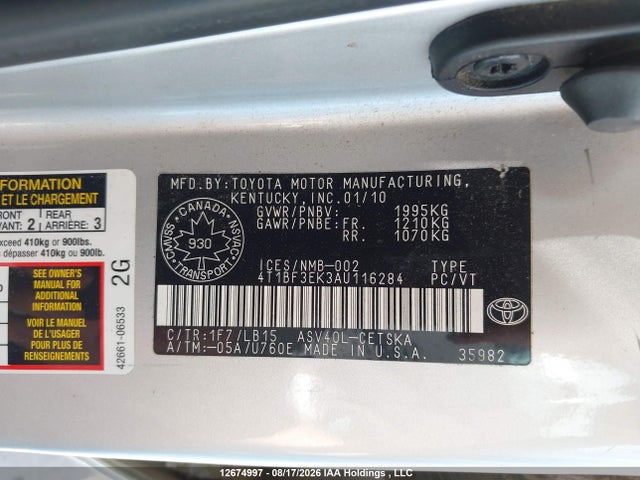 Aukcja sprzedaży 2010 Toyota Camry, vin: 4T1BF3EK3AU116284, numer aukcji: 12674997