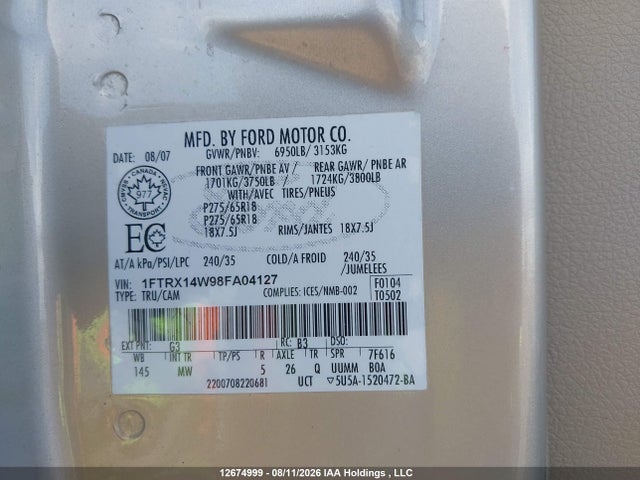 Aukcja sprzedaży 2008 Ford F-150 Stx/xl/xlt, vin: 1FTRX14W98FA04127, numer aukcji: 12674999
