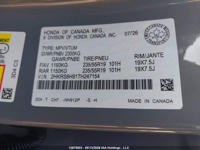 Продаж на аукціоні авто 2026 Honda Cr-v, vin: 2HKRS6H91TH247154, номер лоту: 12675003