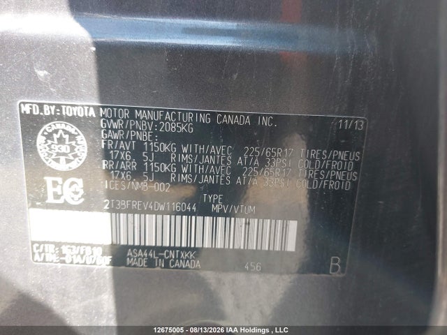 12675005 :رقم المزاد ، 2T3BFREV4DW116044 vin ، 2013 Toyota Rav4 Le مزاد بيع