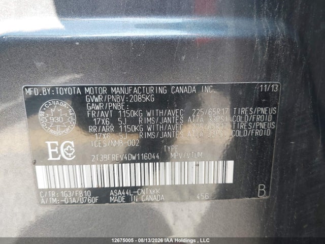 12675005 :رقم المزاد ، 2T3BFREV4DW116044 vin ، 2013 Toyota Rav4 Le مزاد بيع