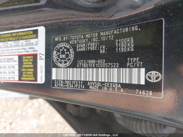 2012 Toyota Camry Hybrid Xle მანქანა იყიდება აუქციონზე, vin: 4T1BD1FK1CU057523, აუქციონის ნომერი: 12675009
