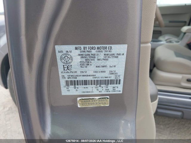 12675014 :رقم المزاد ، 1FMCU03118KB40060 vin ، 2008 Ford Escape Xlt مزاد بيع