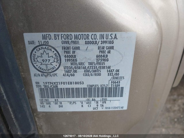 Aukcja sprzedaży 2001 Ford F250 Super Duty, vin: 1FTNX21F01EB18053, numer aukcji: 12675017
