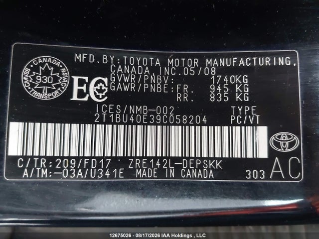 Продажа на аукционе авто 2009 Toyota Corolla S/le/xle, vin: 2T1BU40E39C058204, номер лота: 12675026