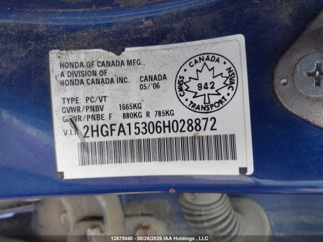 Aukcja sprzedaży 2006 Honda Civic Dx, vin: 2HGFA15306H028872, numer aukcji: 12675040