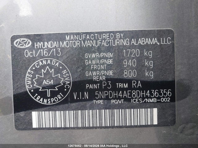 12675052 :رقم المزاد ، 5NPDH4AE8DH436356 vin ، 2013 Hyundai Elantra Gls/limited مزاد بيع