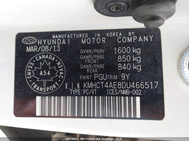 12675053 :رقم المزاد ، KMHCT4AE8DU466517 vin ، 2013 Hyundai Accent Gl مزاد بيع