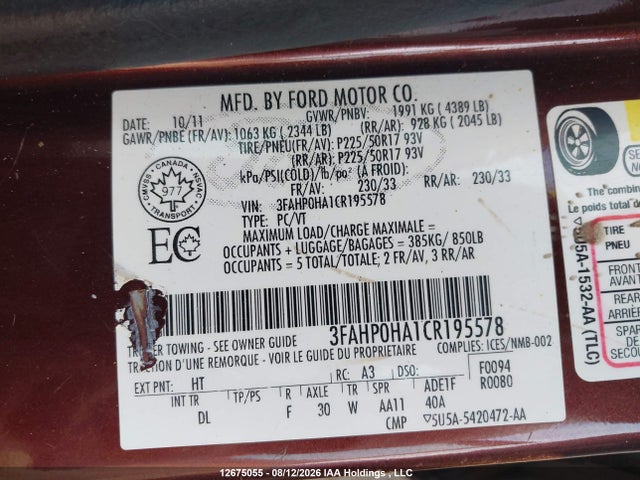 12675055 :رقم المزاد ، 3FAHP0HA1CR195578 vin ، 2012 Ford Fusion Se مزاد بيع
