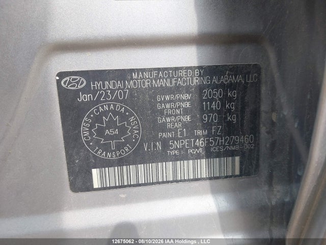 Продажа на аукционе авто 2007 Hyundai Sonata Gl V6/gls V6, vin: 5NPET46F57H279460, номер лота: 12675062