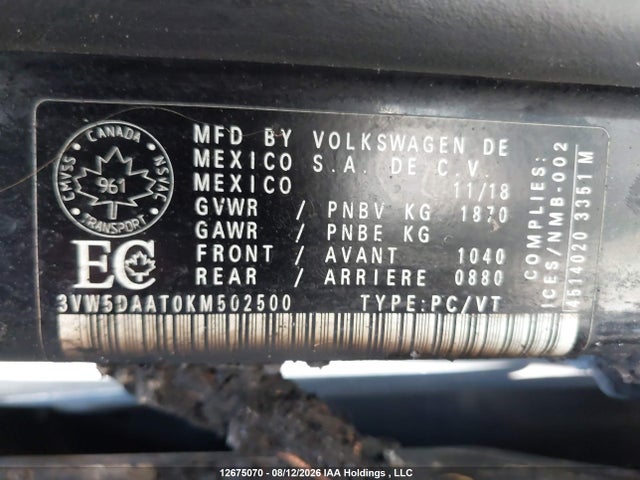 12675070 :رقم المزاد ، 3VW5DAAT0KM502500 vin ، 2019 Volkswagen Beetle Wolfsburg Edition مزاد بيع