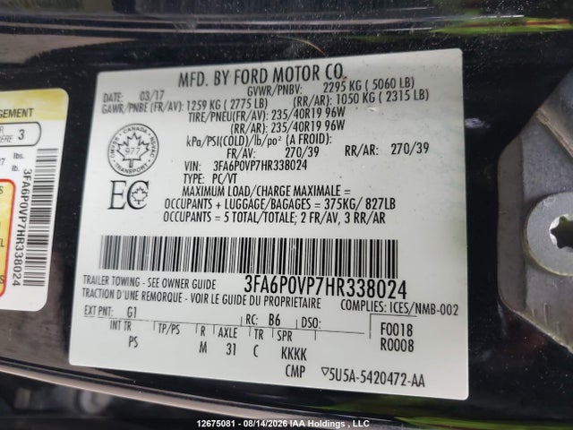 Ford Fusion V6 Sport 2017 3FA6P0VP7HR338024 Image 9
