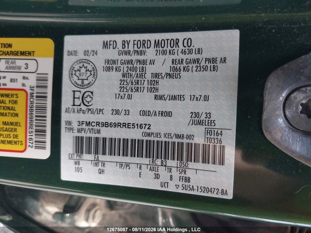 Продаж на аукціоні авто 2024 Ford Bronco Sport Big Bend, vin: 3FMCR9B69RRE51672, номер лоту: 12675087