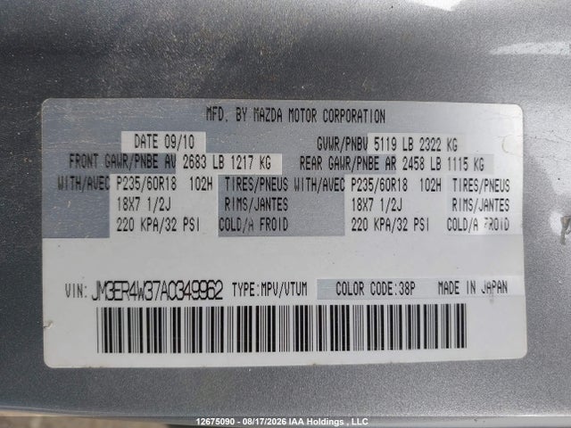 Продаж на аукціоні авто 2010 Mazda Cx-7 Gs/gt, vin: JM3ER4W37A0349962, номер лоту: 12675090