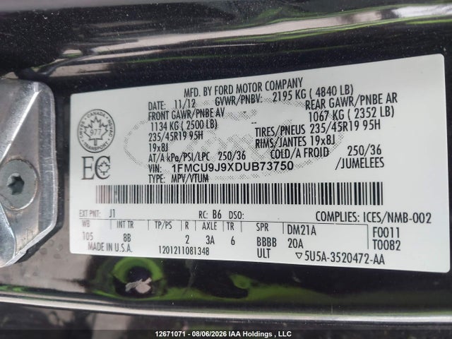 12671071 :رقم المزاد ، 1FMCU9J9XDUB73750 vin ، 2013 Ford Escape Titanium مزاد بيع