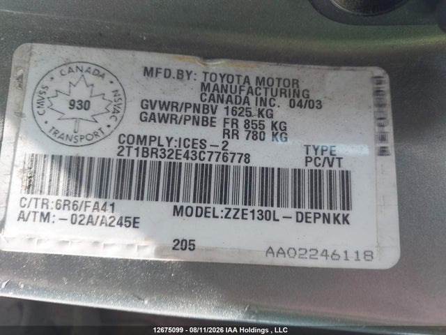 12675099 :رقم المزاد ، 2T1BR32E43C776778 vin ، 2003 Toyota Corolla Ce/le/s مزاد بيع