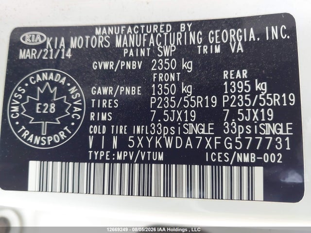 12669249 :رقم المزاد ، 5XYKWDA7XFG577731 vin ، 2015 Kia Sorento Sx مزاد بيع