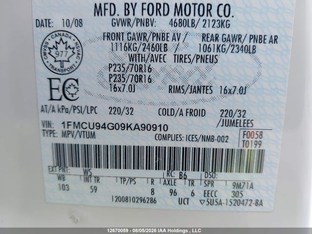 12670059 :رقم المزاد ، 1FMCU94G09KA90910 vin ، 2009 Ford Escape Limited مزاد بيع
