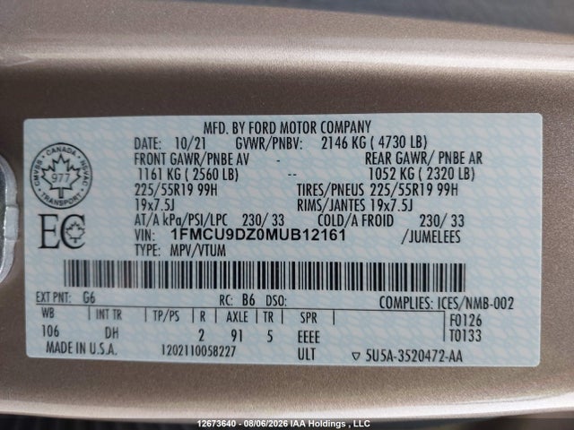 12673640 :رقم المزاد ، 1FMCU9DZ0MUB12161 vin ، 2021 Ford Escape Titanium Hybrid مزاد بيع