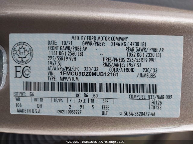 12673640 :رقم المزاد ، 1FMCU9DZ0MUB12161 vin ، 2021 Ford Escape Titanium Hybrid مزاد بيع