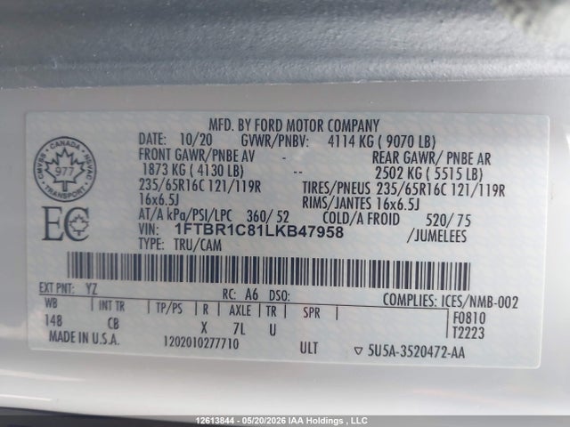12613844 :رقم المزاد ، 1FTBR1C81LKB47958 vin ، 2020 Ford Transit-250 Cargo مزاد بيع