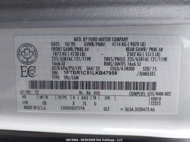 12613844 :رقم المزاد ، 1FTBR1C81LKB47958 vin ، 2020 Ford Transit-250 Cargo مزاد بيع