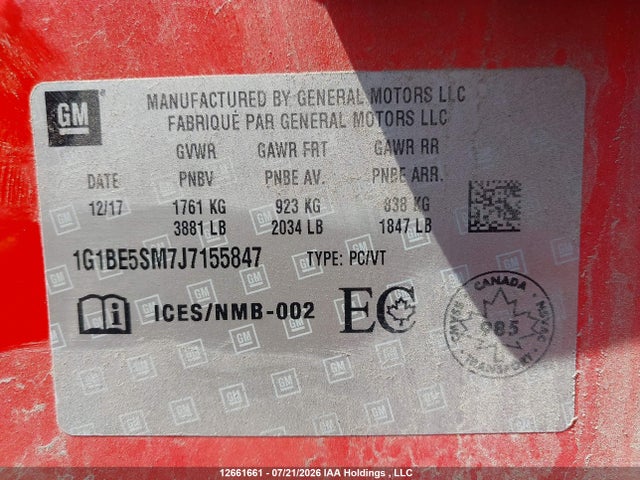 Продаж на аукціоні авто 2018 Chevrolet Cruze Lt Auto, vin: 1G1BE5SM7J7155847, номер лоту: 12661661