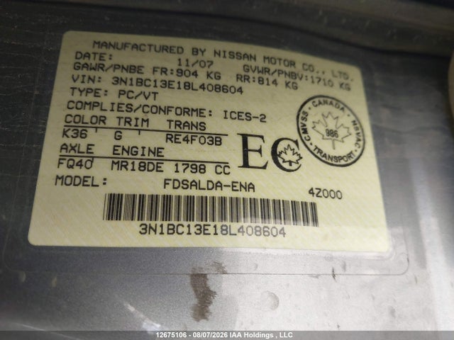 12675106 :رقم المزاد ، 3N1BC13E18L408604 vin ، 2008 Nissan Versa S/sl مزاد بيع