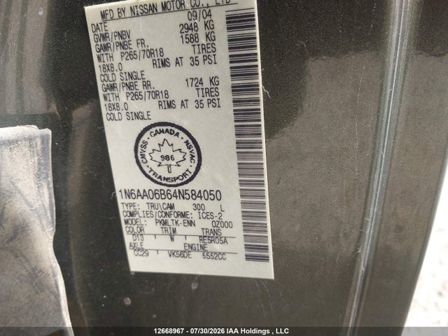 2004 Nissan Titan Se მანქანა იყიდება აუქციონზე, vin: 1N6AA06B64N584050, აუქციონის ნომერი: 12668967