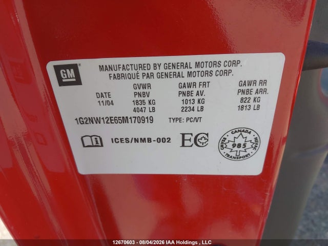 12670603 :رقم المزاد ، 1G2NW12E65M170919 vin ، 2005 Pontiac Grand Am Gt مزاد بيع