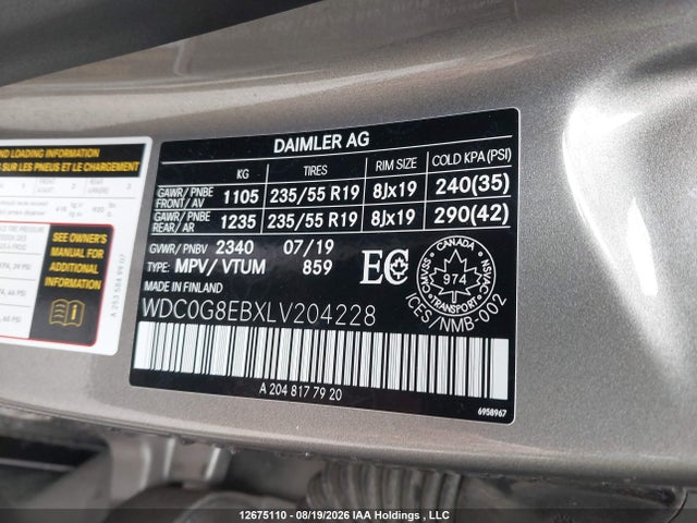 2020 Mercedes-benz Glc 300 4matic მანქანა იყიდება აუქციონზე, vin: WDC0G8EBXLV204228, აუქციონის ნომერი: 12675110