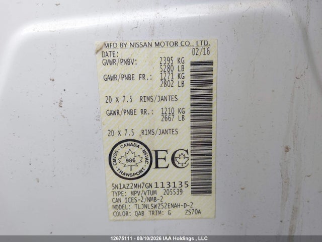 2016 Nissan Murano Platinum/sl/sv მანქანა იყიდება აუქციონზე, vin: 5N1AZ2MH7GN113135, აუქციონის ნომერი: 12675111